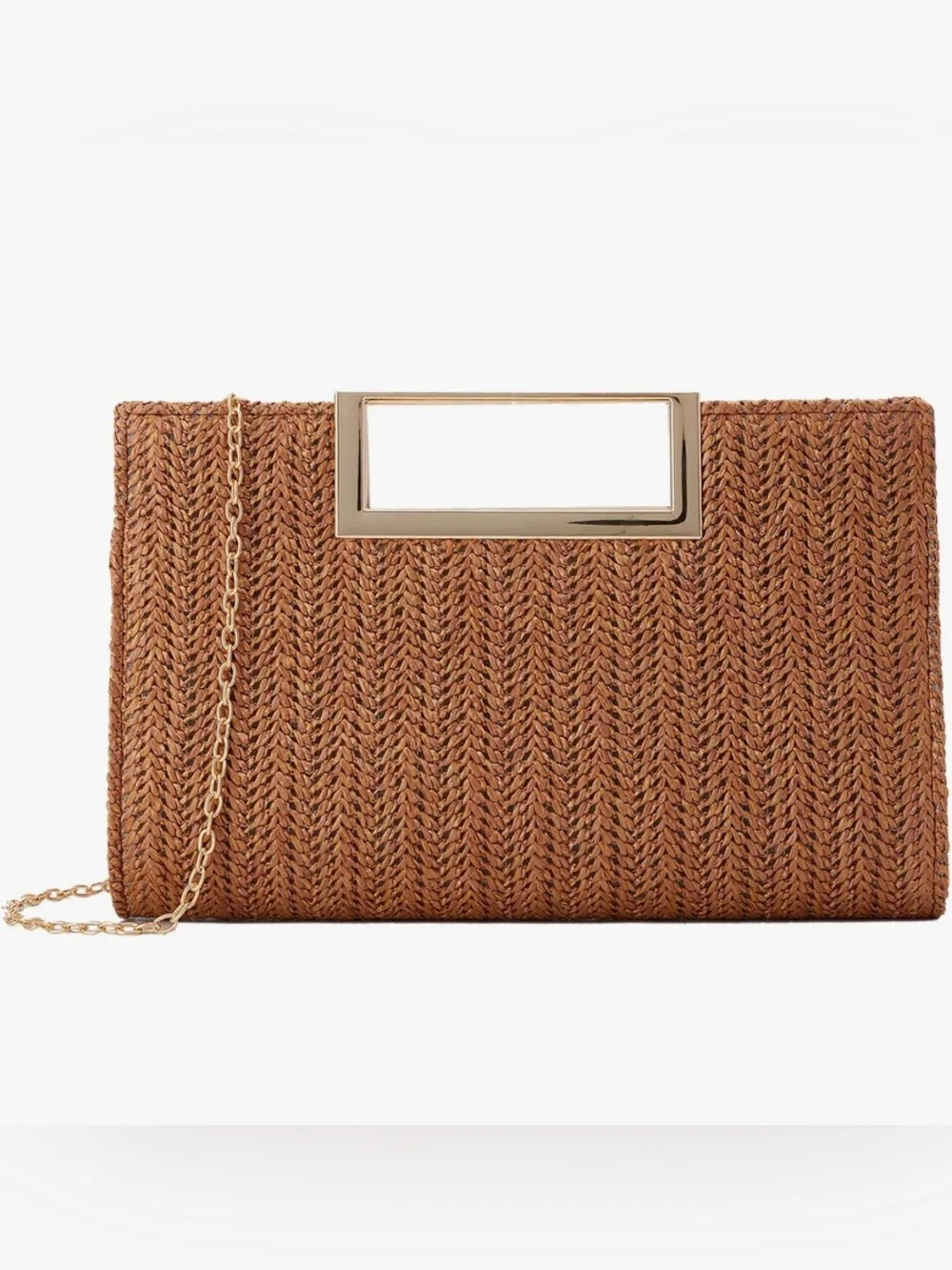 Woven Straw Clutch Bag with Gold Handle - Brown